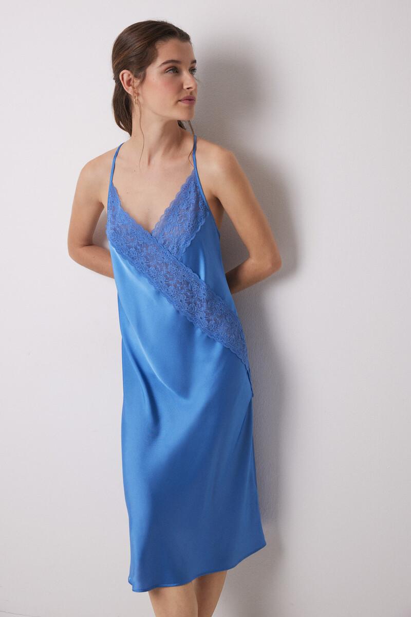women'secret Camisón midi satén y encaje azul Envío gratis