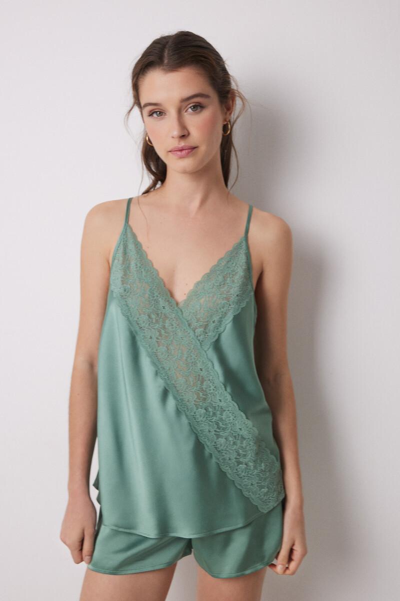 women'secret Pijama corto satén y encaje verde Venta caliente