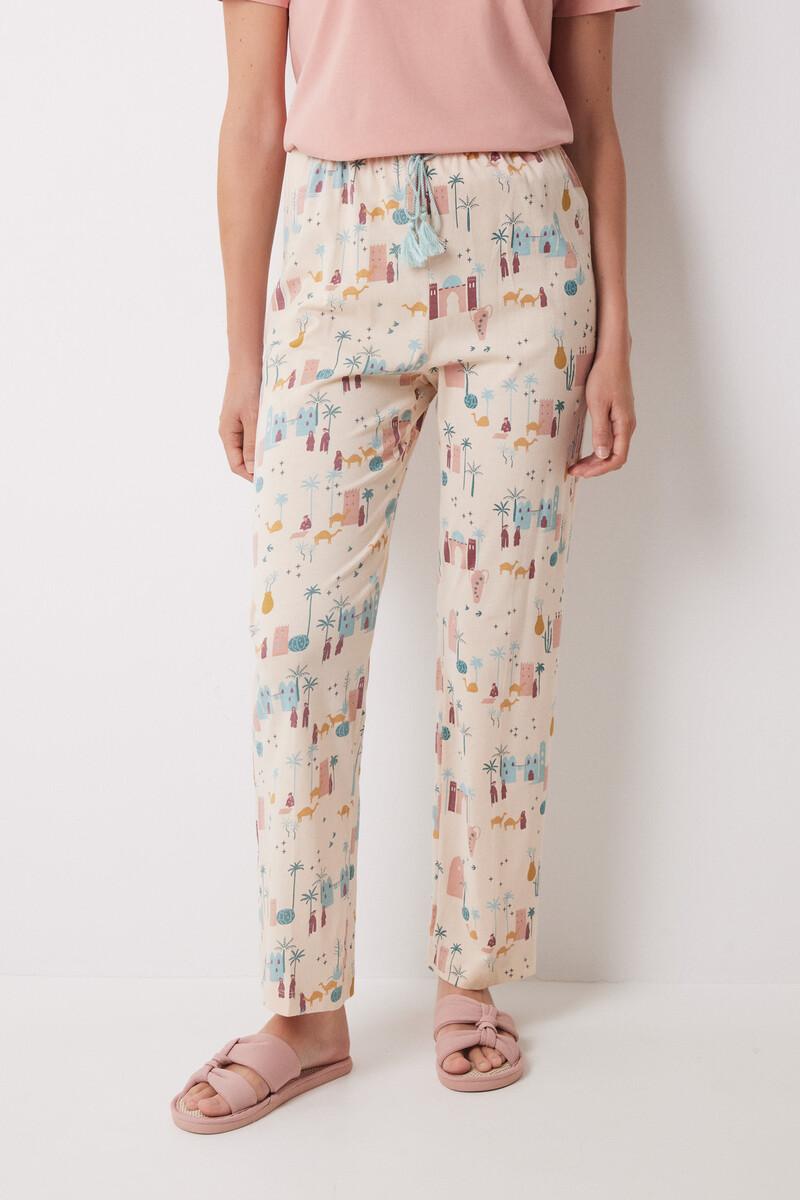 women'secret Pantalón largo 100% algodón marfil Ofertas especiales