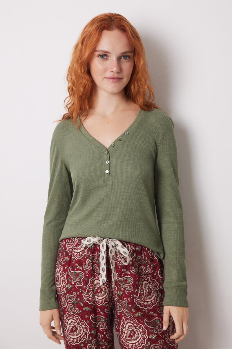 women'secret Camiseta manga larga tejido waffle verde Rebajas online