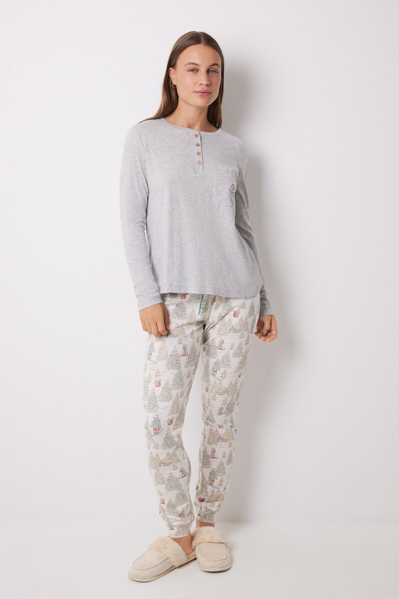 women'secret Pijama largo 100% algodón motivos navideños gris Oferta exclusiva