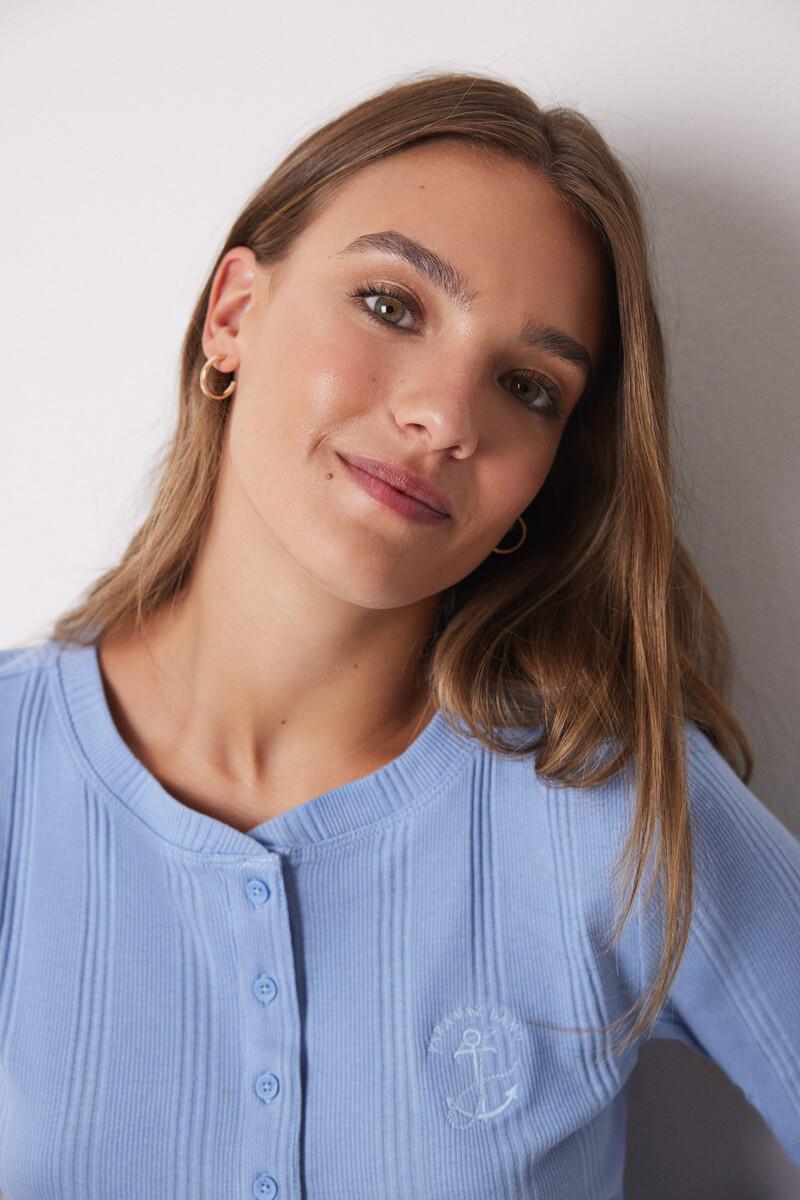 women'secret Camiseta manga larga canalé azul Ofertas especiales