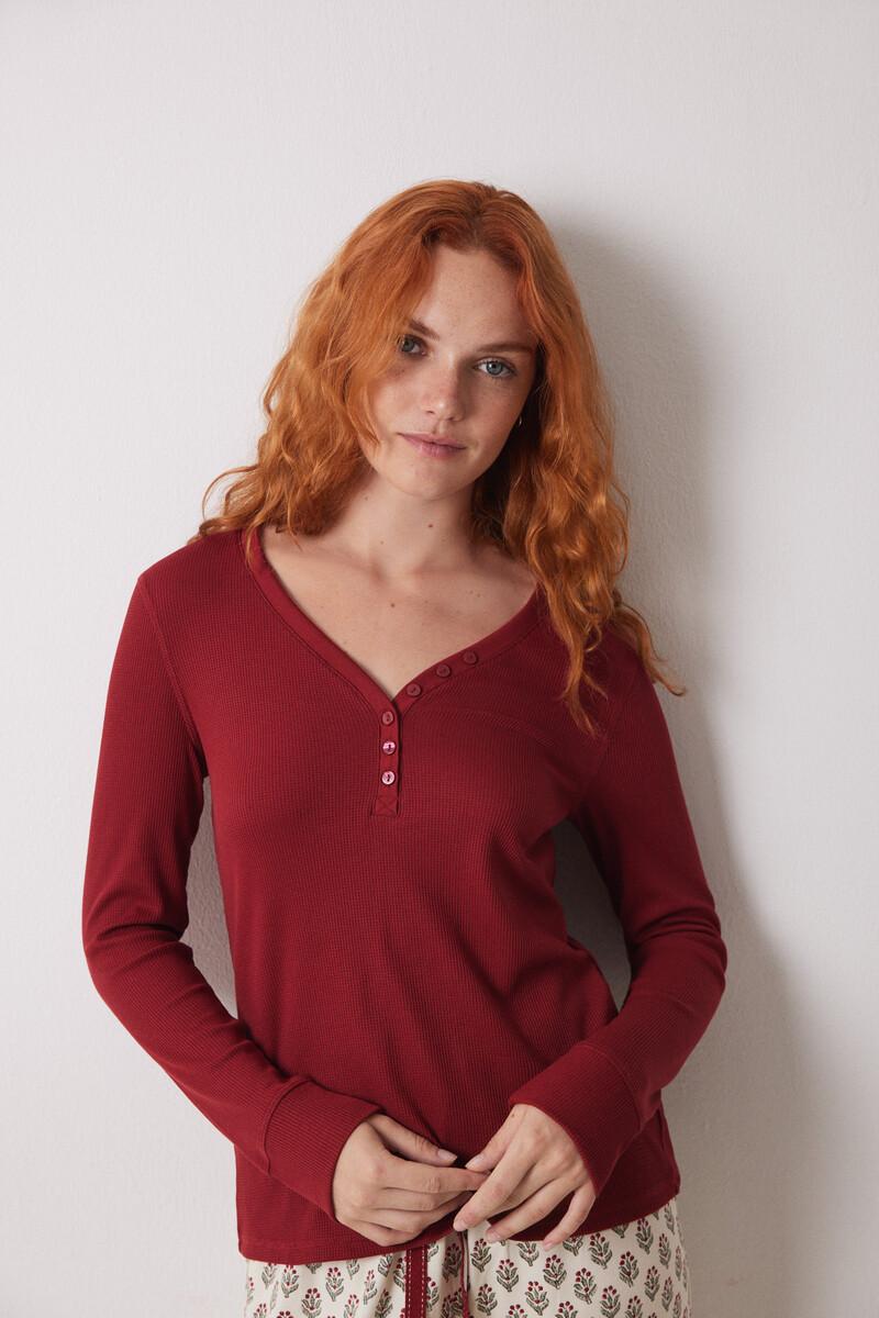 women'secret Camiseta manga larga tejido waffle rojo Outlet