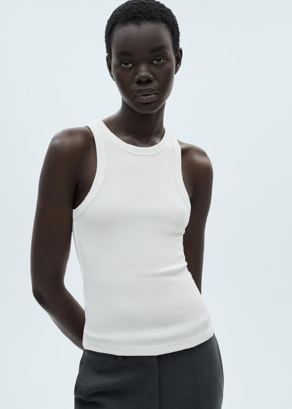 Mango Top canalé algodón