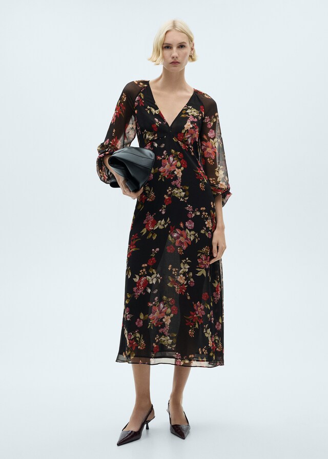 Mango Vestido floral manga abullonada Oferta especial de fábrica