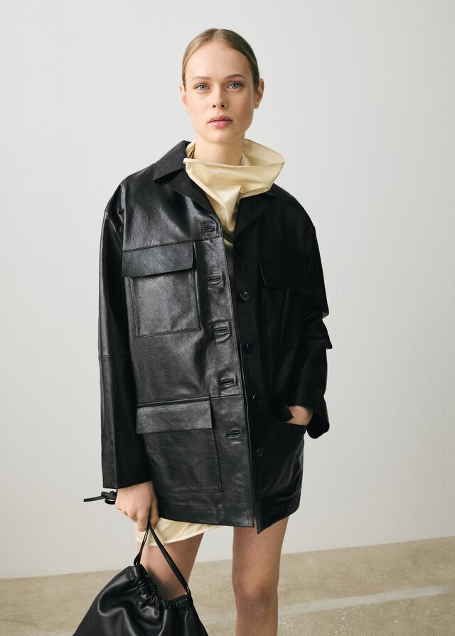 Mango Chaqueta oversize piel bolsillos Tienda
