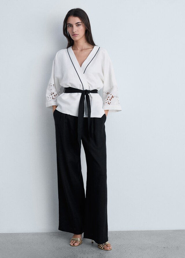 Mango Pantalón lino raya contraste Envío gratis