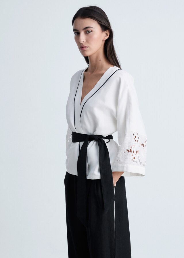 Mango Pantalón lino raya contraste Envío gratis