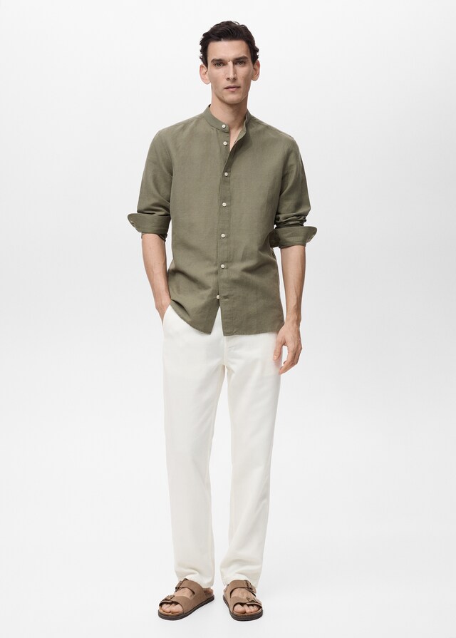 Mango Camisa lino cuello mao Descuento
