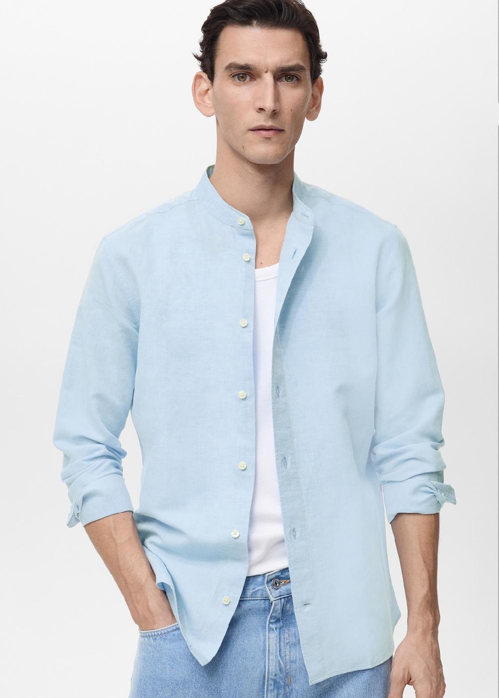 Mango Camisa lino cuello mao