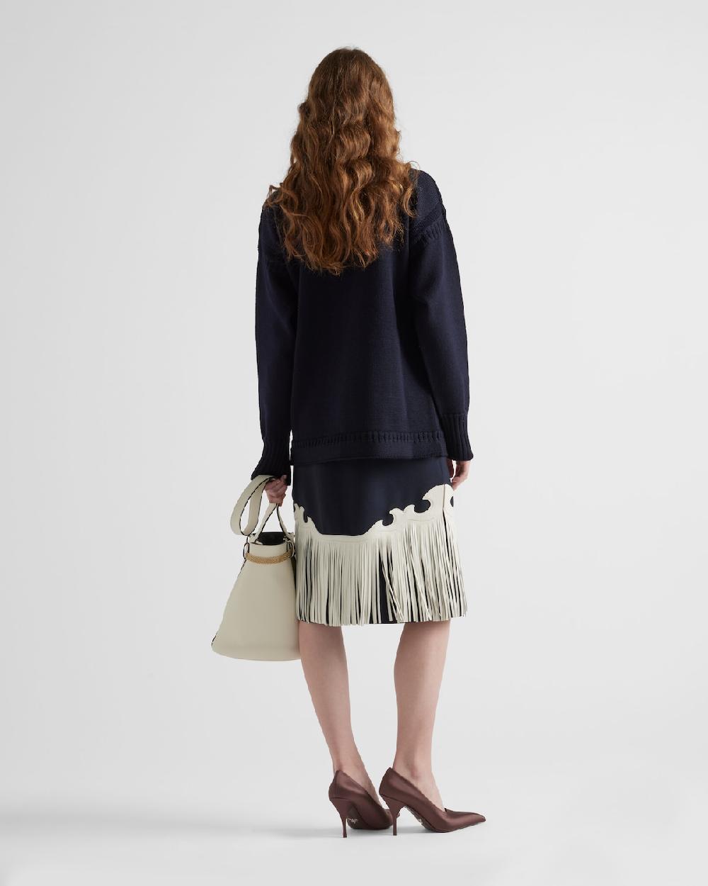 Prada Falda con pespuntes y flecos de piel Ofertas
