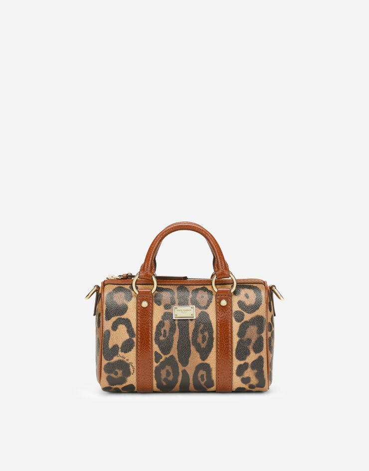 Dolce & Gabbana Baúl pequeño en crespo estampado leopardo con placa con logotipo