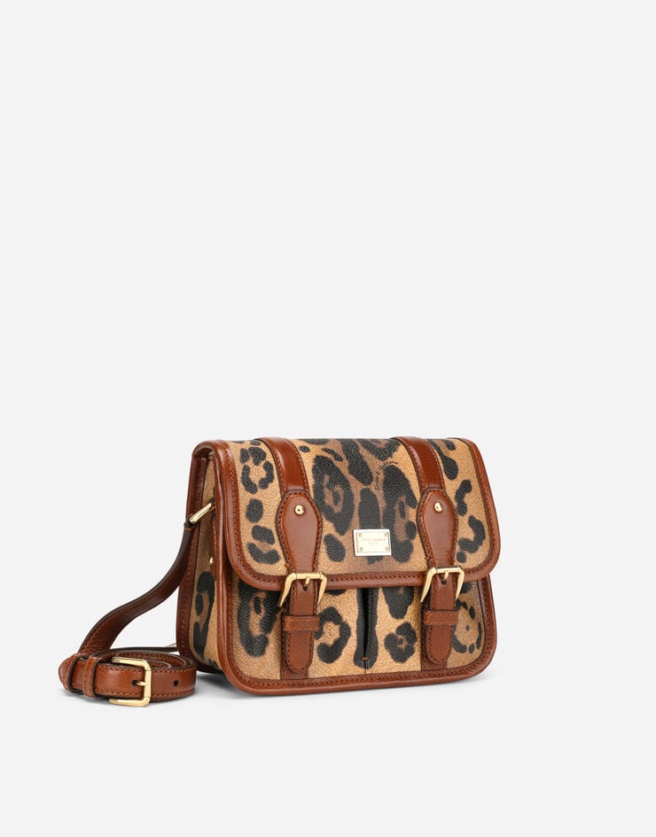 Dolce & Gabbana Bolso messenger pequeño en crespo estampado leopardo con placa con logotipo Promoción por tiempo limitado