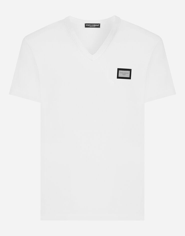 Dolce & Gabbana Camiseta de algodón con cuello de pico y placa con logotipo