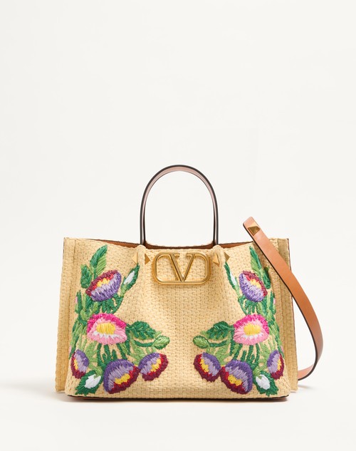 Valentino BOLSO DE COMPRAS MEDIANO DE RAFIA SINTÉTICA CON BORDADO FLORAL Ofertas