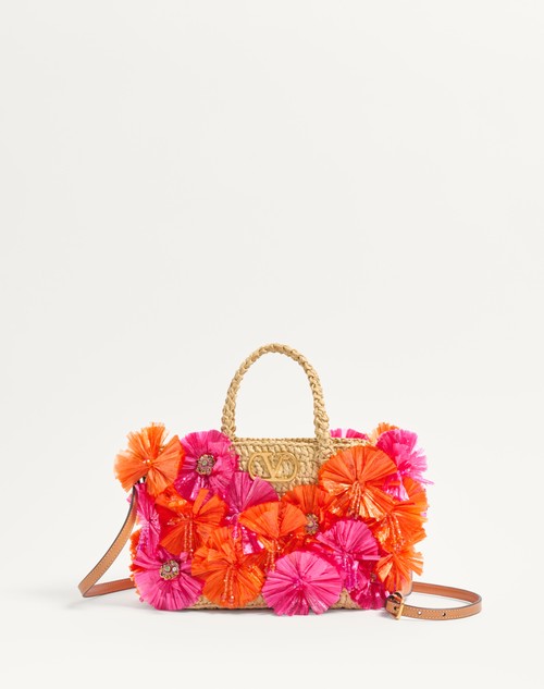 Valentino BOLSO DE COMPRAS PEQUEÑO DE RAFIA SINTÉTICA CON FLORES Y CUENTAS