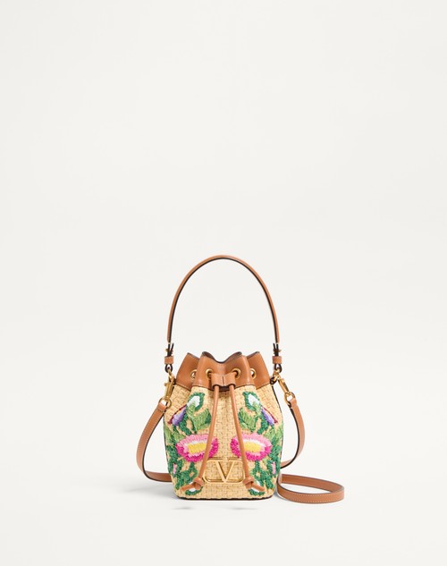 Valentino MINIBOLSO TIPO SACO VLOGO SIGNATURE DE RAFIA SINTÉTICA CON BORDADO FLORAL