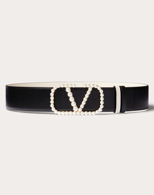 Valentino CINTURÓN REVERSIBLE DE CUERO BRILLOSO DE BECERRO DE 40 MM CON PERLAS Y CON EL VLOGO SIGNATURE