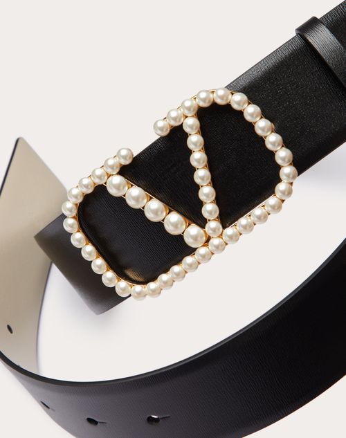 Valentino CINTURÓN REVERSIBLE DE CUERO BRILLOSO DE BECERRO DE 40 MM CON PERLAS Y CON EL VLOGO SIGNATURE Liquidación