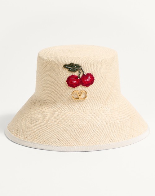 Valentino SOMBRERO DE PESCADOR VLOGO SIGNATURE DE PAJA CON RIBETE DE CUERO Y BORDADO DE CEREZAS