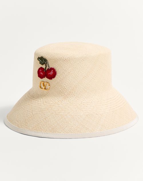 Valentino SOMBRERO DE PESCADOR VLOGO SIGNATURE DE PAJA CON RIBETE DE CUERO Y BORDADO DE CEREZAS Descuento por venta flash