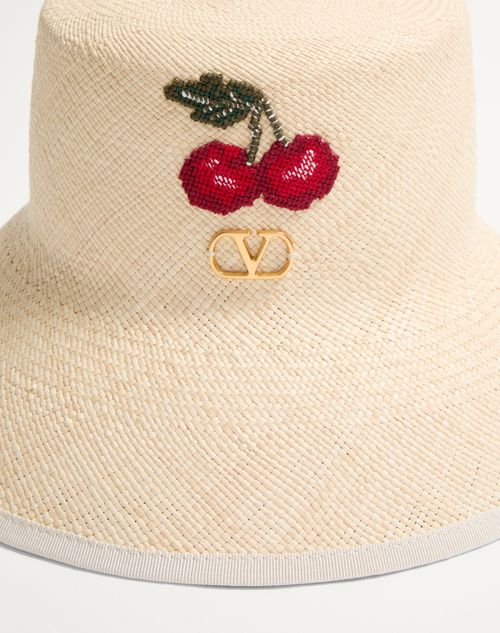 Valentino SOMBRERO DE PESCADOR VLOGO SIGNATURE DE PAJA CON RIBETE DE CUERO Y BORDADO DE CEREZAS Descuento por venta flash