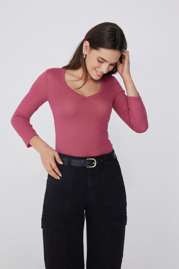 Tezenis Camiseta Manga Tres Cuartos Escote Pico Viscosa Canalé Últimos 3 días