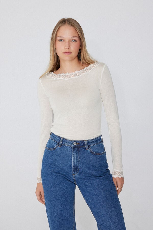 Tezenis Camiseta Manga Larga Escote Barco Encaje/Lana Merina Envío gratis