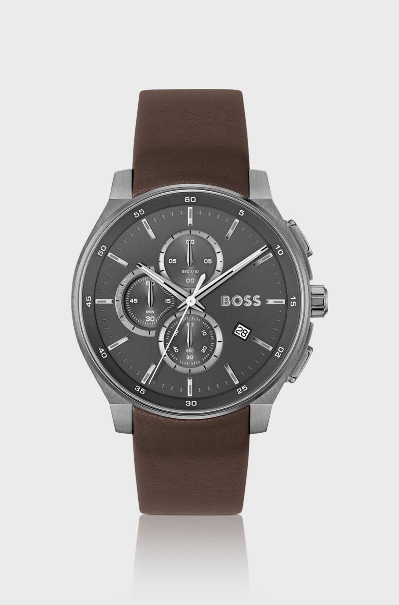 Hugo Boss Cronógrafo chapado en gris con correa de piel