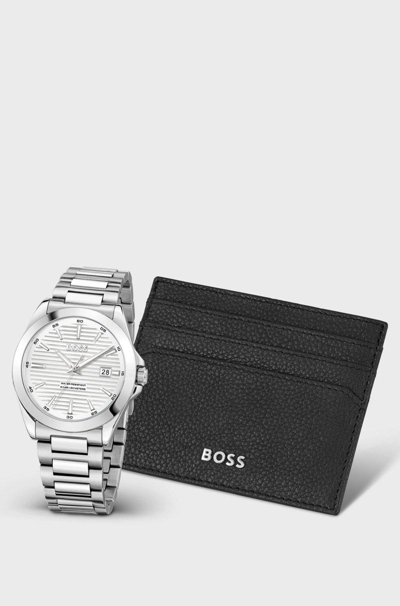 Hugo Boss Set de regalo de reloj con esfera con textura y tarjetero de piel