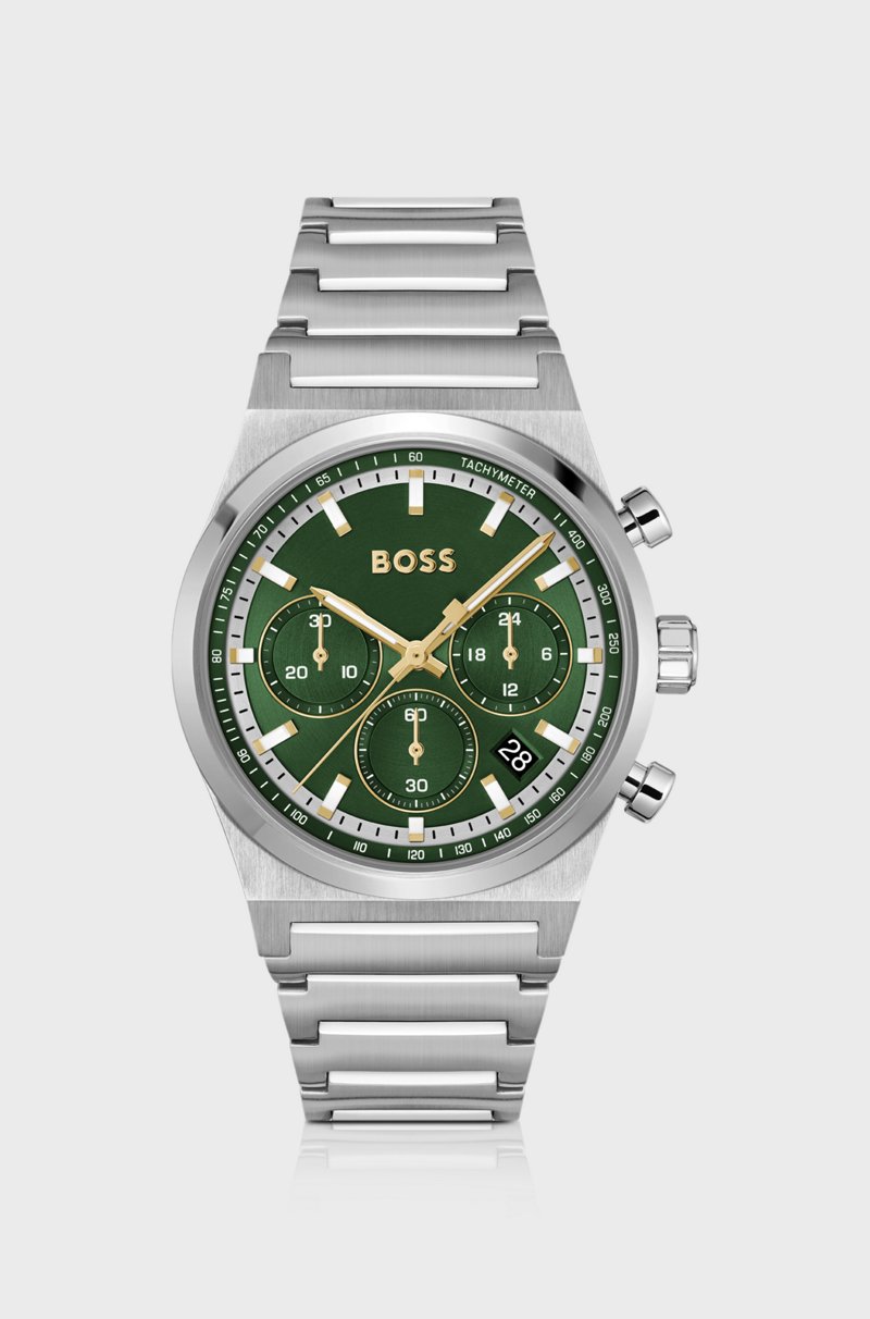 Hugo Boss Cronógrafo de acero en tono plateado con esfera verde