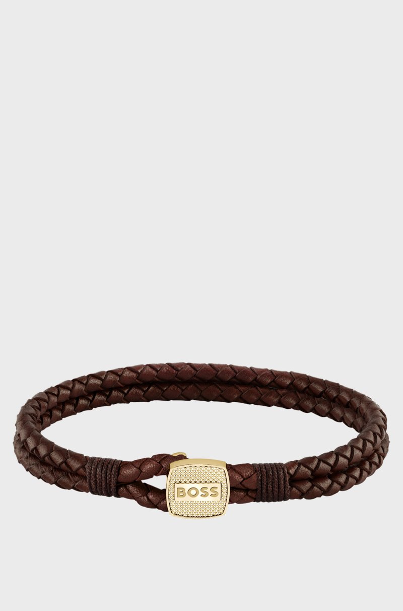 Hugo Boss Brazalete de piel trenzada marrón con cierre dorado