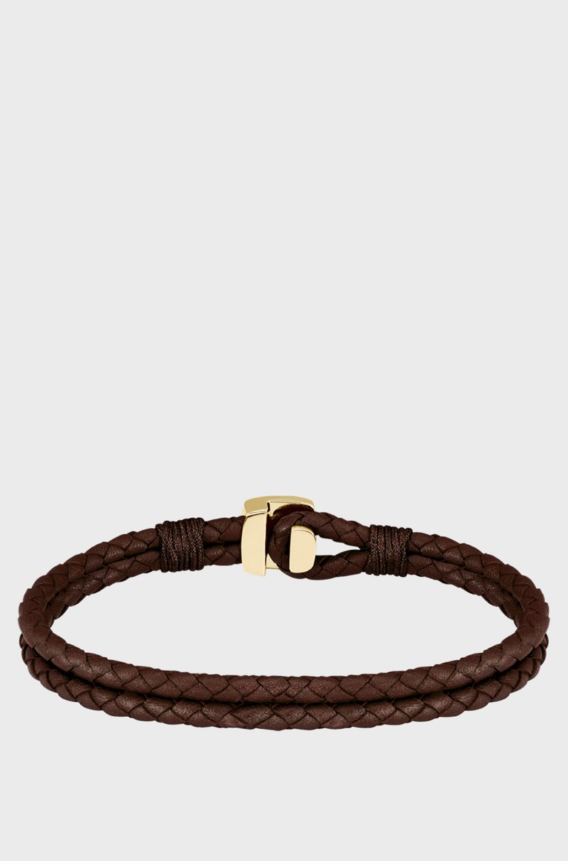 Hugo Boss Brazalete de piel trenzada marrón con cierre dorado Envío gratis