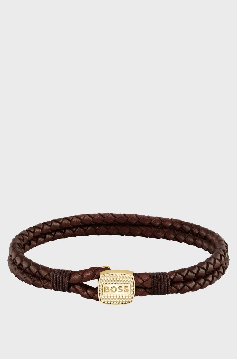 Hugo Boss Brazalete de piel trenzada marrón con cierre dorado Envío gratis