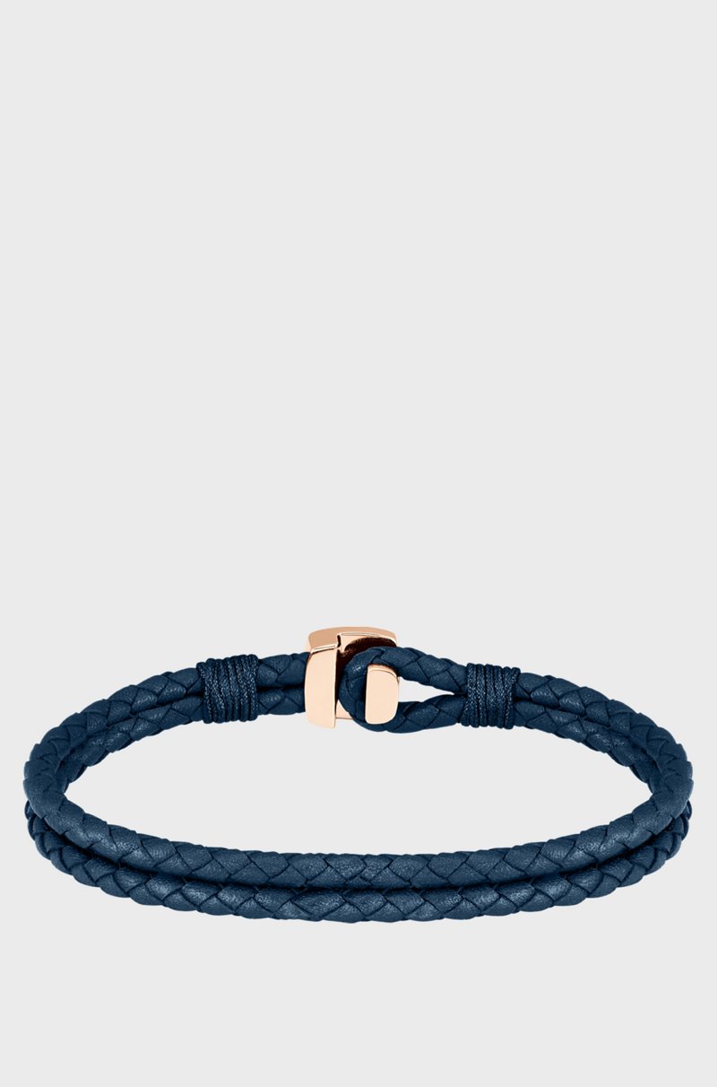 Hugo Boss Brazalete azul de piel trenzada con cierre dorado Oferta especial de fábrica