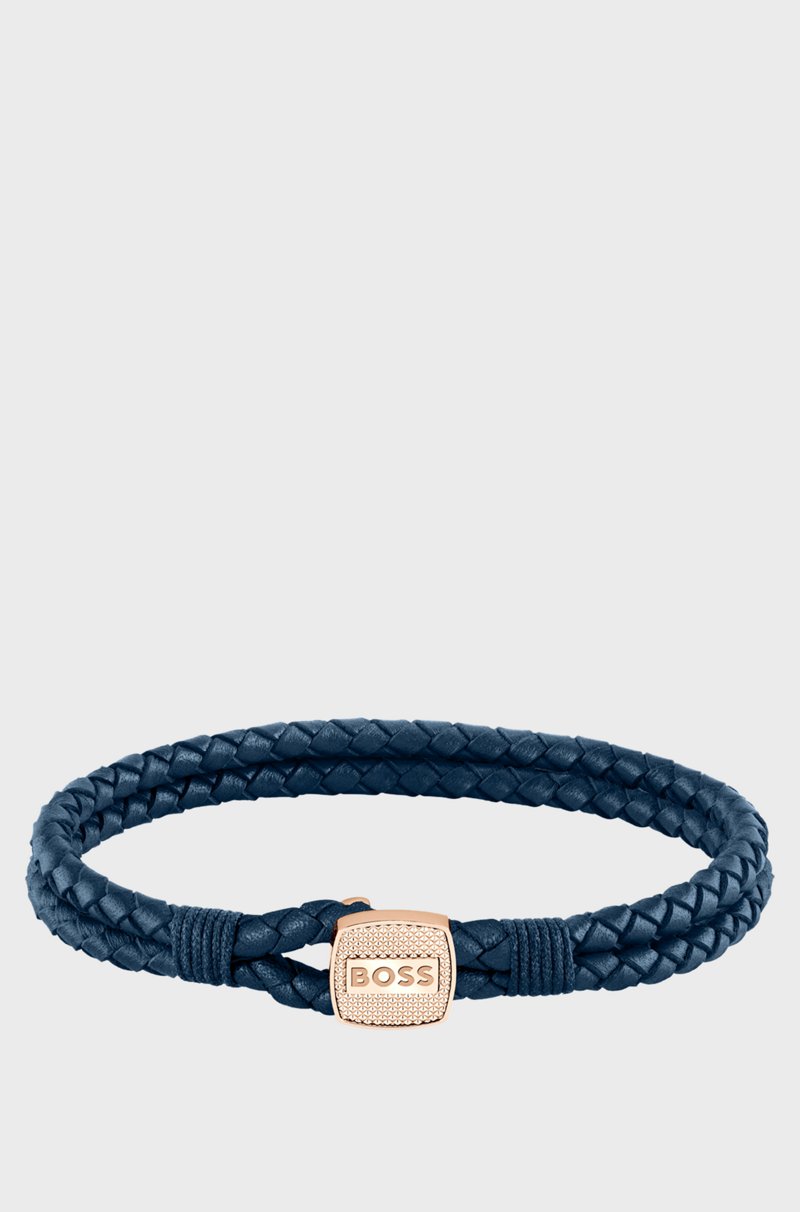 Hugo Boss Brazalete azul de piel trenzada con cierre dorado Oferta especial de fábrica