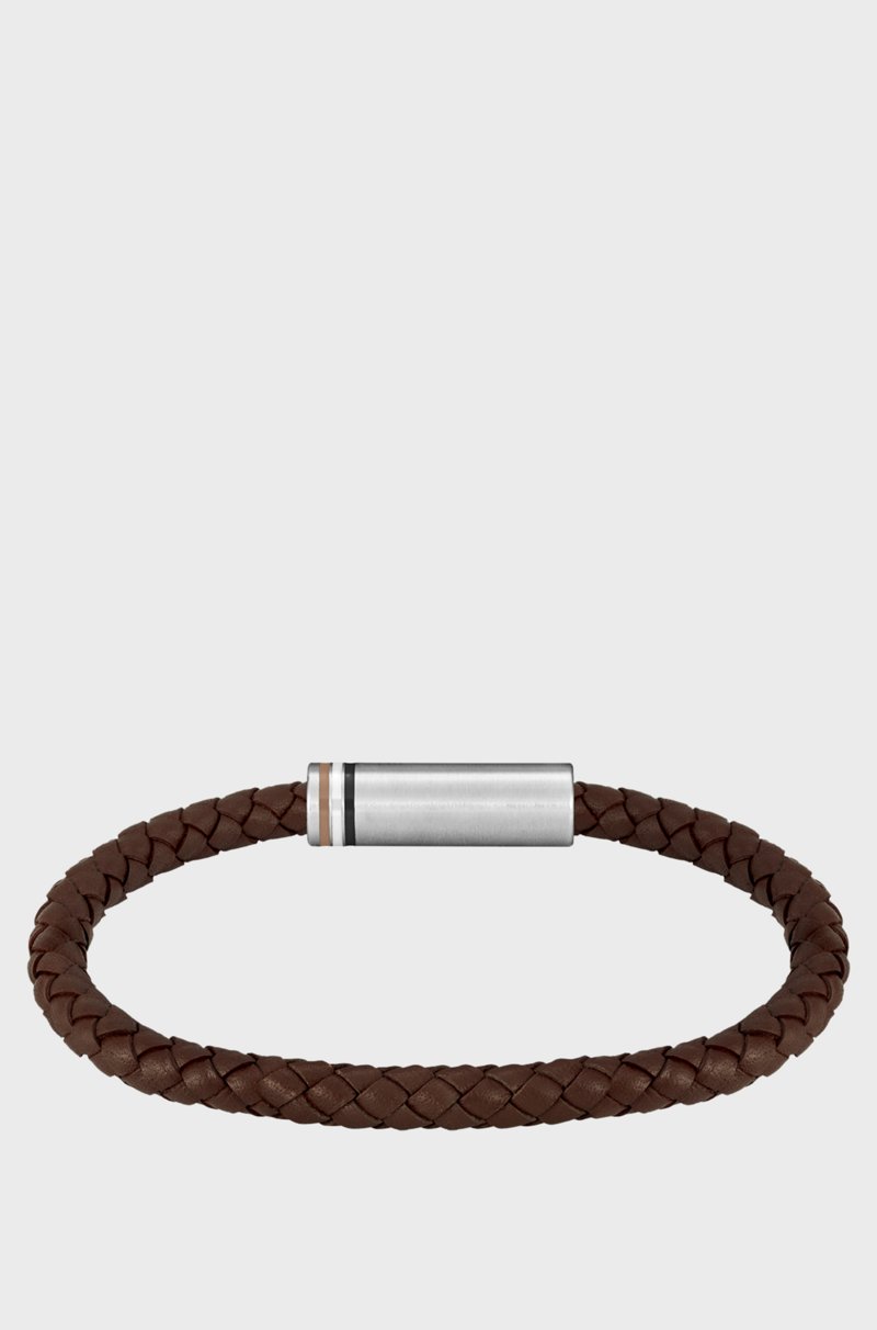 Hugo Boss Brazalete marrón de piel trenzada con logo en el cierre magnético geométrico Ahorra y exporta