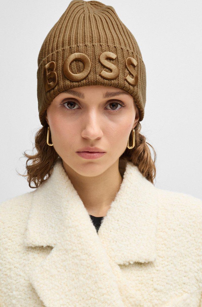 Hugo Boss Gorro de punto de canalé de lana virgen con logo bordado Envío internacional gratuito