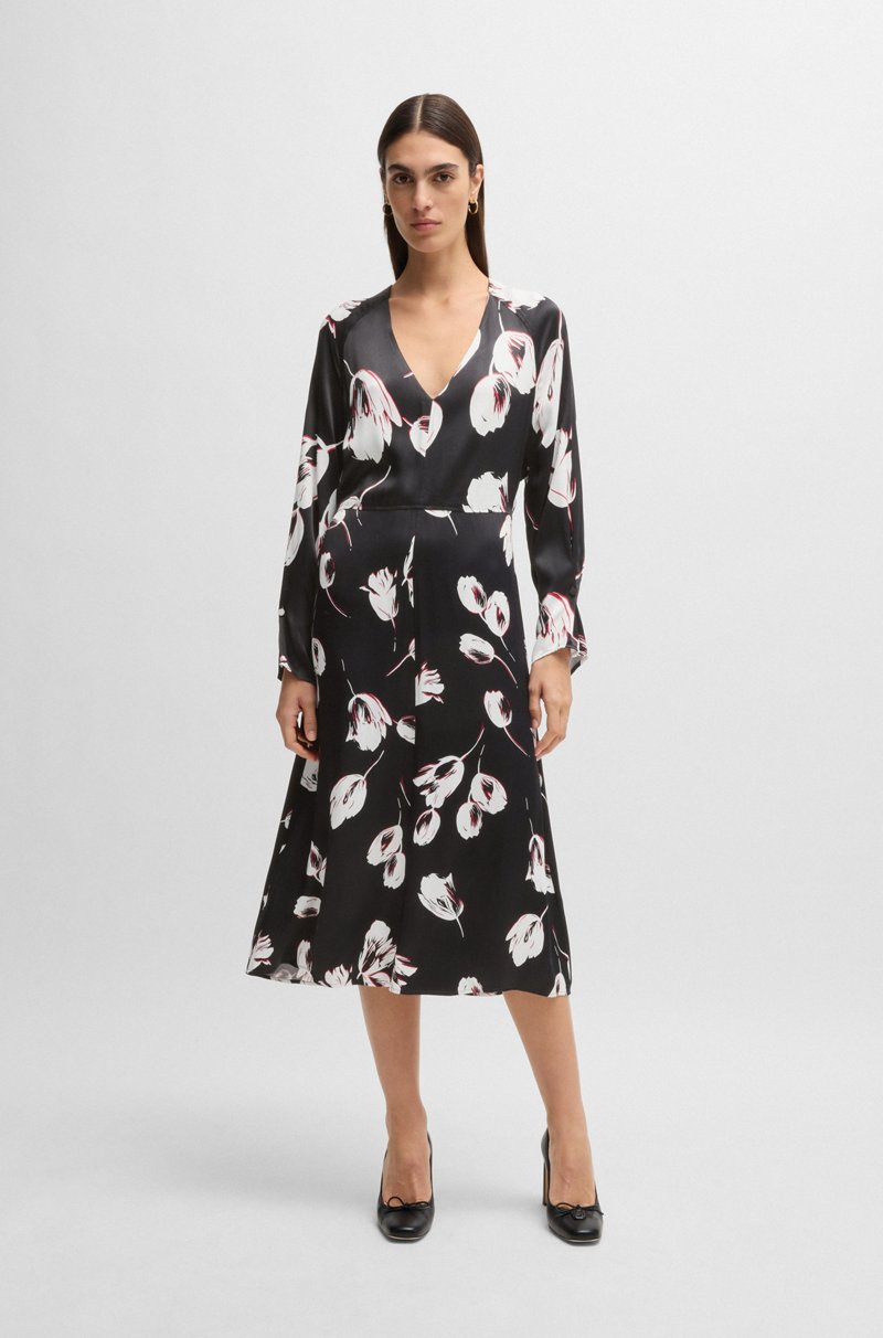 Hugo Boss Vestido de satén con escote en pico y estampado de tulipanes