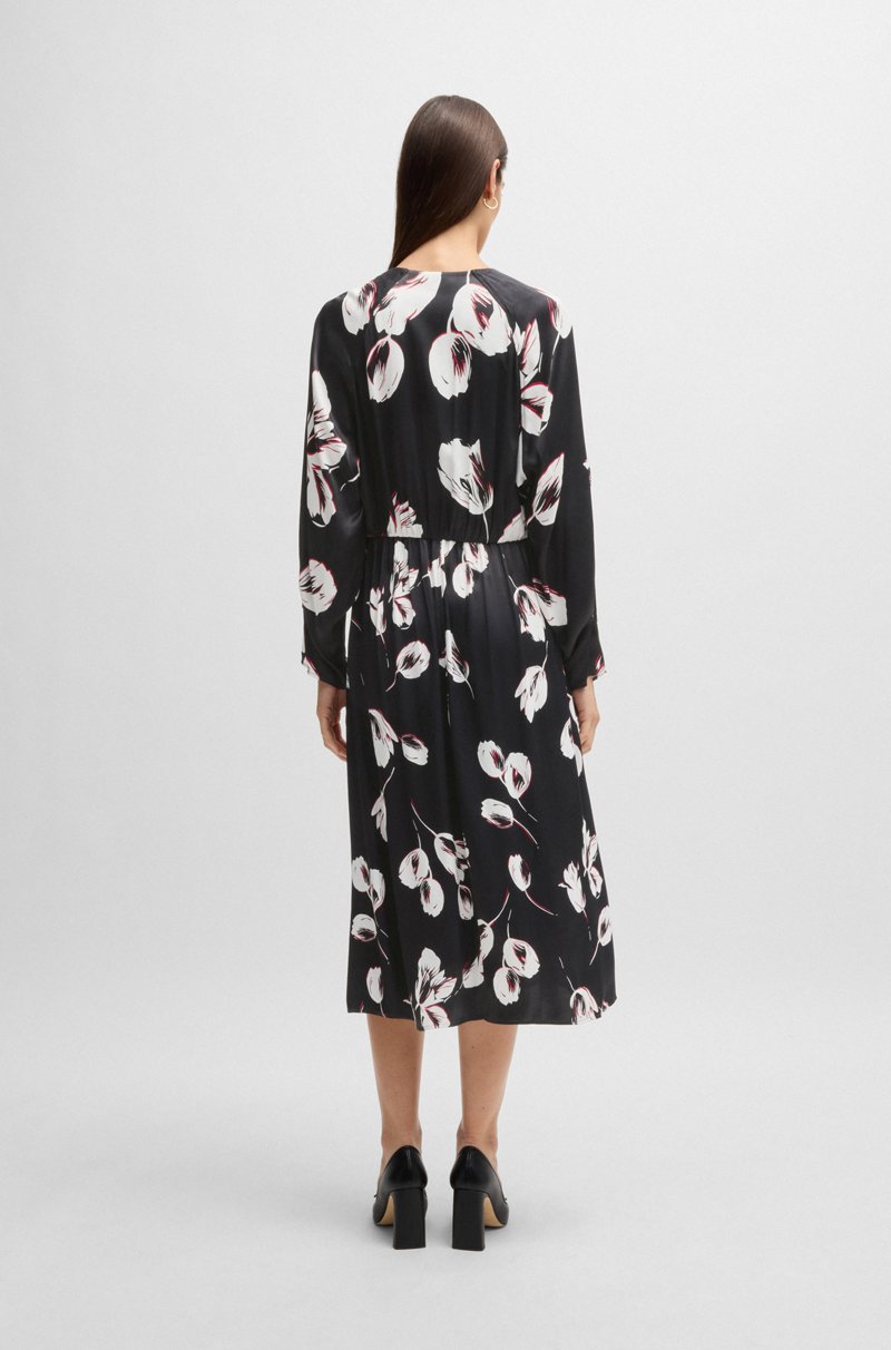 Hugo Boss Vestido de satén con escote en pico y estampado de tulipanes Rebajas de fin de temporada