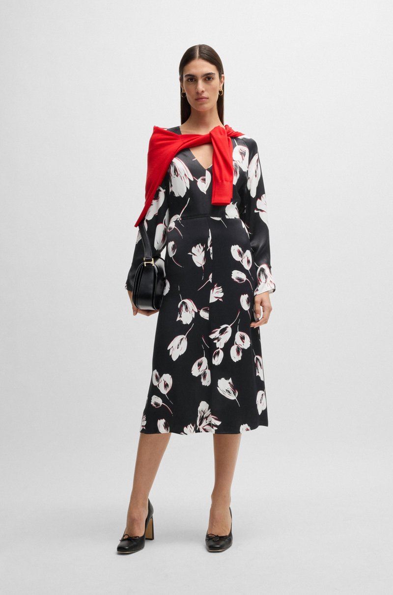 Hugo Boss Vestido de satén con escote en pico y estampado de tulipanes Rebajas de fin de temporada