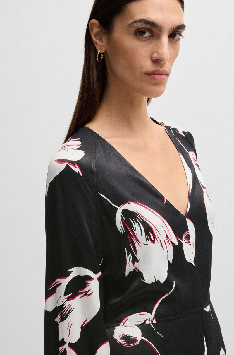 Hugo Boss Vestido de satén con escote en pico y estampado de tulipanes Rebajas de fin de temporada