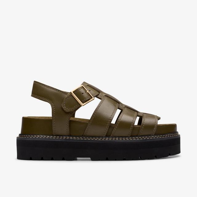 Clarks Sandalias de tiras de cuero verde oliva oscuro para mujer Orianna Twist